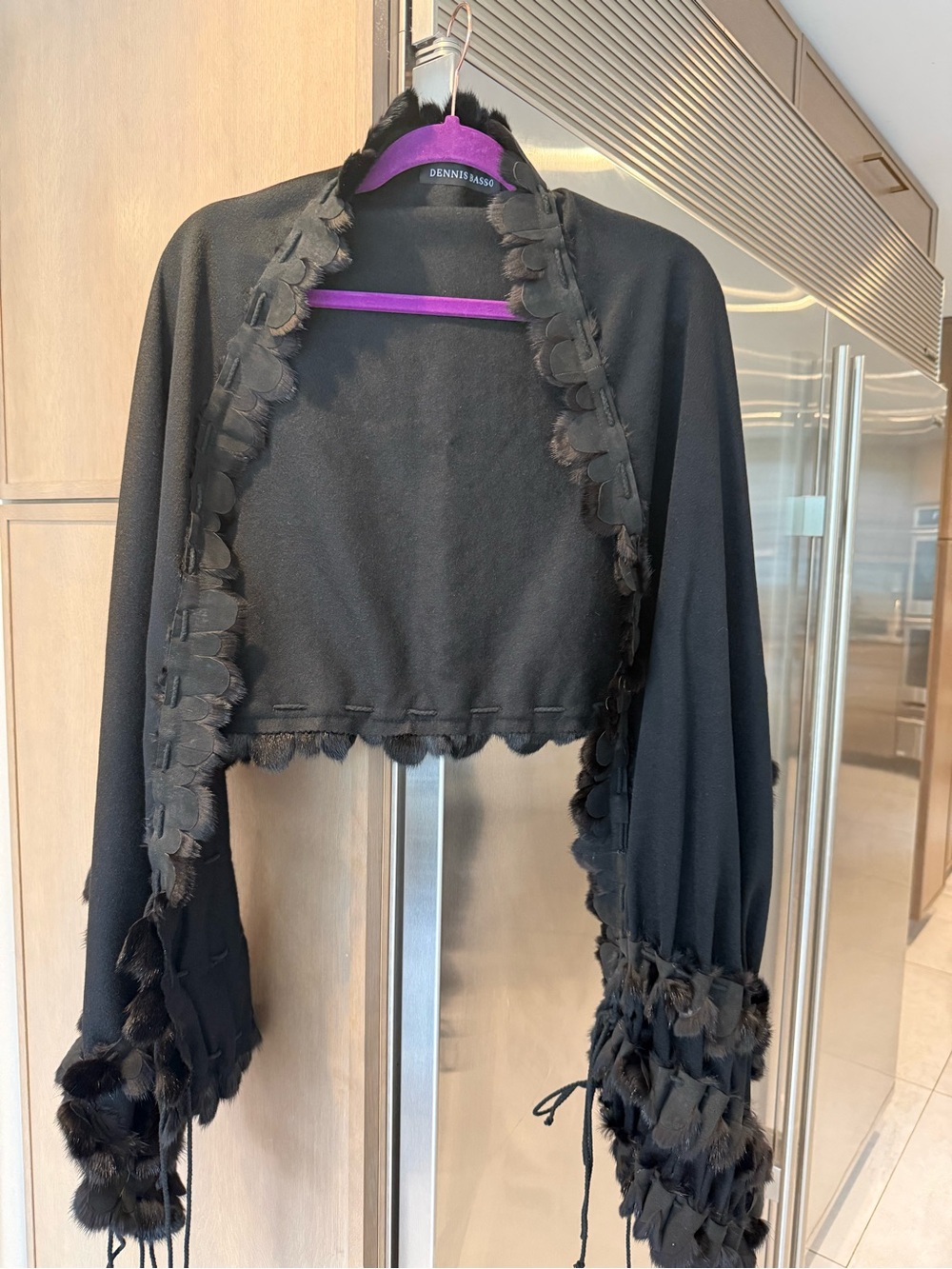 Dennis Basso Black scalloped fur-trimmed shawl